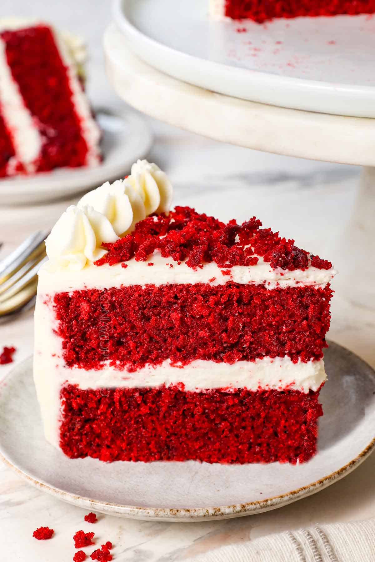 a slice of moist homemade red velvet cake