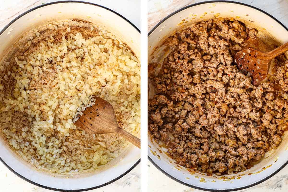 a collage showing how to make white bean soup by sautรฉing diced onions, then browning the sausage
