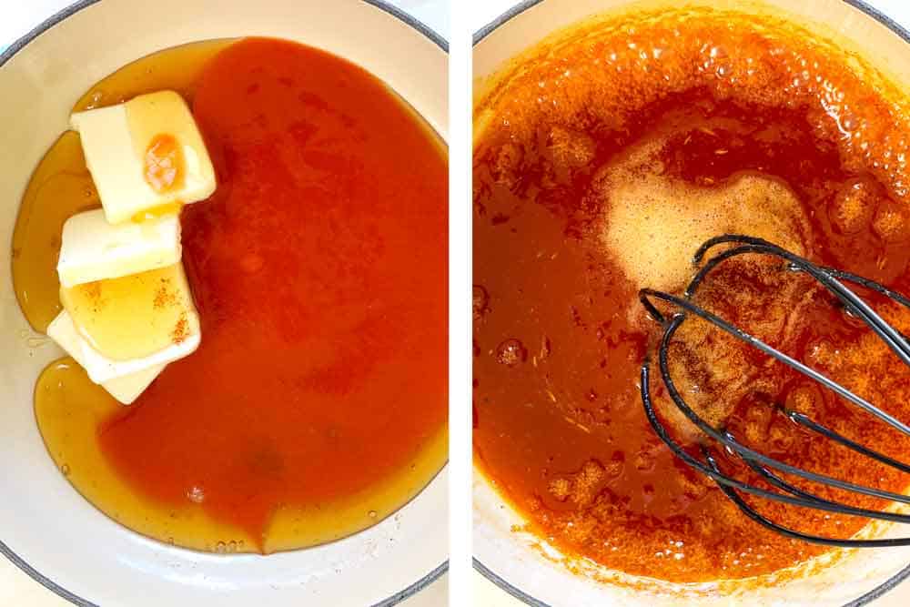 showing how to make hot honey chicken by making the hot honey by whisking the butter, hot honey and hot sauce together