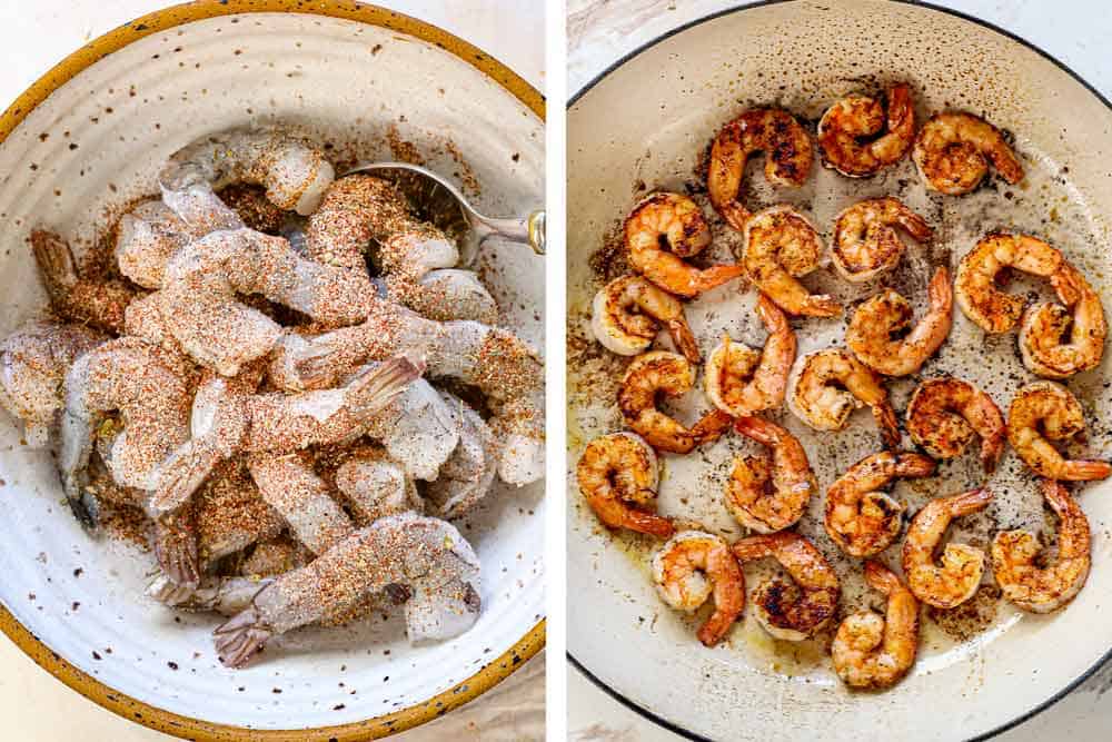 showing how to make jambalaya by seasoning the shrimp with Cajun seasoning, then cooking in the pan