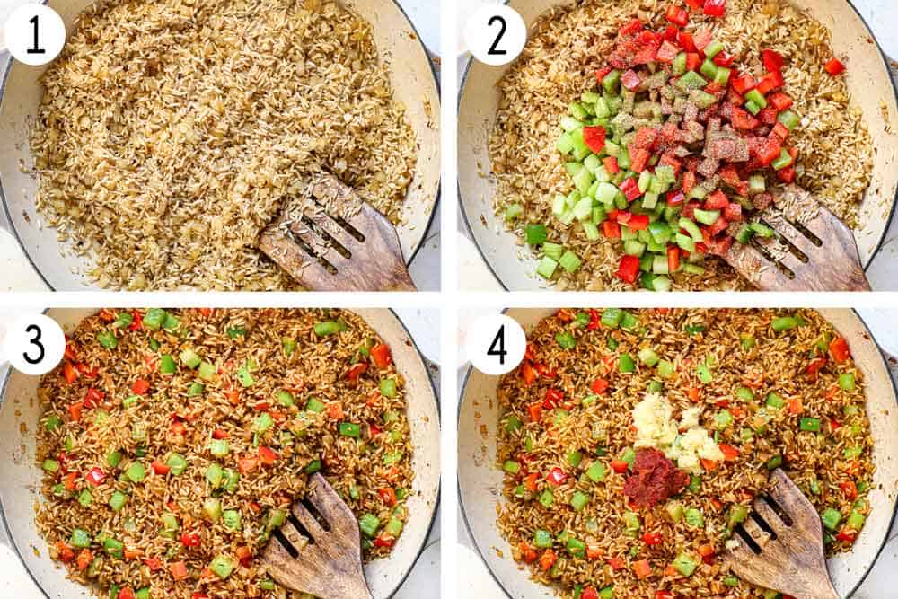a collage showing how to make jambalaya by sautéing the onions and rice, then adding the holy trinity of onions, bell peppers, and celery and sautéing, then adding garlic and tomato paste and sautéing