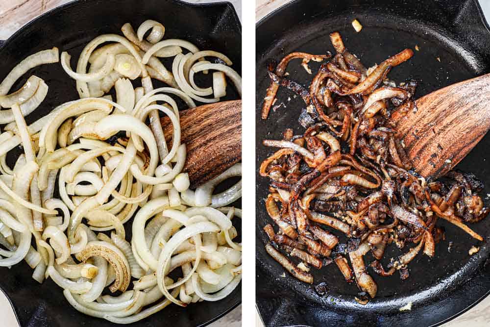 showing how to make smothered pork chops by caramelizing onions until deeply golden