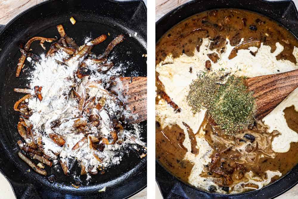 showing how to make smothered pork chops by cooking flour with the onions, then adding the beef broth, half, and half and spices