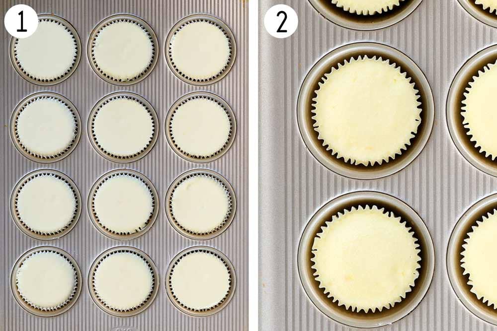 a collage showing how to make mini cheesecake recipe dividing the cheesecake filling between cupcake liners and baking until set but still jiggly