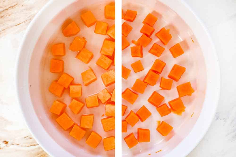 showing how to make crustless quiche by microwaving sweet potatoes to cook