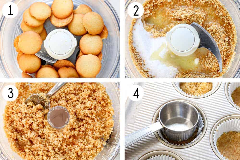 a collage showing how to make mini cheesecake recipe by making the crust by pulsing vanilla wafers in a food processor to form crumbs, then adding sugar and butter and pulsing, then adding to a 12-count muffin tin and pressing down with the back of a measuring cup