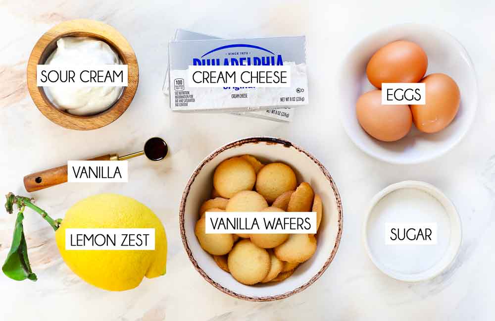 top view of mini cheesecake recipe ingredients: cream cheese, sour cream, eggs, lemon zest, vanilla extract and vanilla wafers