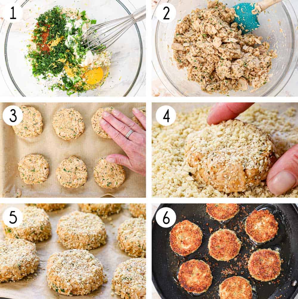 a collage showing how to make salmon croquettes by 1. combining the egg, panko, mayo, dill, lemon zest, lemon juice, Worcestershire, Cajun seasoning, etc in a bowl, 2. folding in the salmon, 3. forming the mixture into patties, 4. dredging the patties in panko, 5. cooking until crispy in a skillet