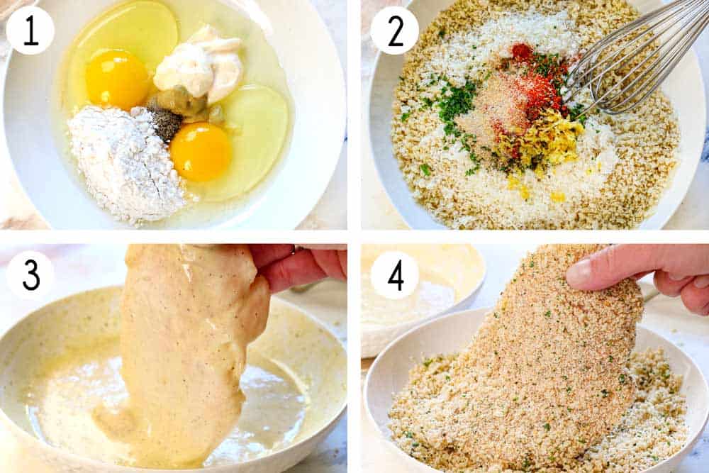 a collage showing how to make chicken Milanese by 1. whisking together eggs, flour and mayonnaise to make a batter, 2. whisking together panko, Parmesan, lemon zest, and spices, 3. coating the chicken in the batter, 4. dredging the chicken in the panko breading