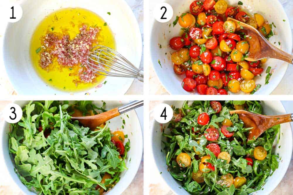 a collage showing how to make chicken Milanese by making the arugula salad by whisking the lemon vinaigrette ingredients together, then adding the tomatoes, then tossing in the arugula
