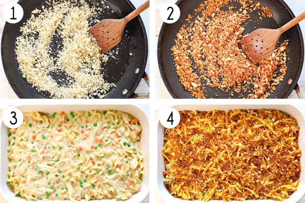 a collage showing how to make chicken and noodle casserole recipe by toasting the panko in a skillet, then topping the casserole with cheese, then the panko