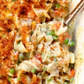 top view of chicken noodle casserole in a baking dish topped with crispy panko topping