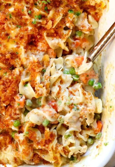top view of chicken noodle casserole in a baking dish topped with crispy panko topping