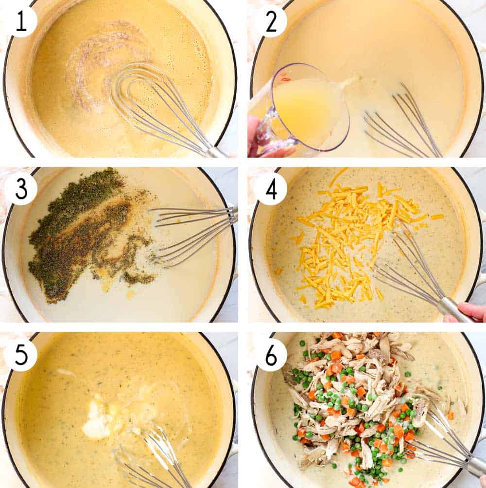 a collage showing how to make chicken noodle casserole by: 1. making a roux by cooking the flour in butter, 2. slowly whisking in the chicken broth and milk, 3. adding the spices, Dijon, and Worcestershire, 4. stirring in the cheeses, 5. stirring in the sour cream. 6. adding the chicken, carrots and peas