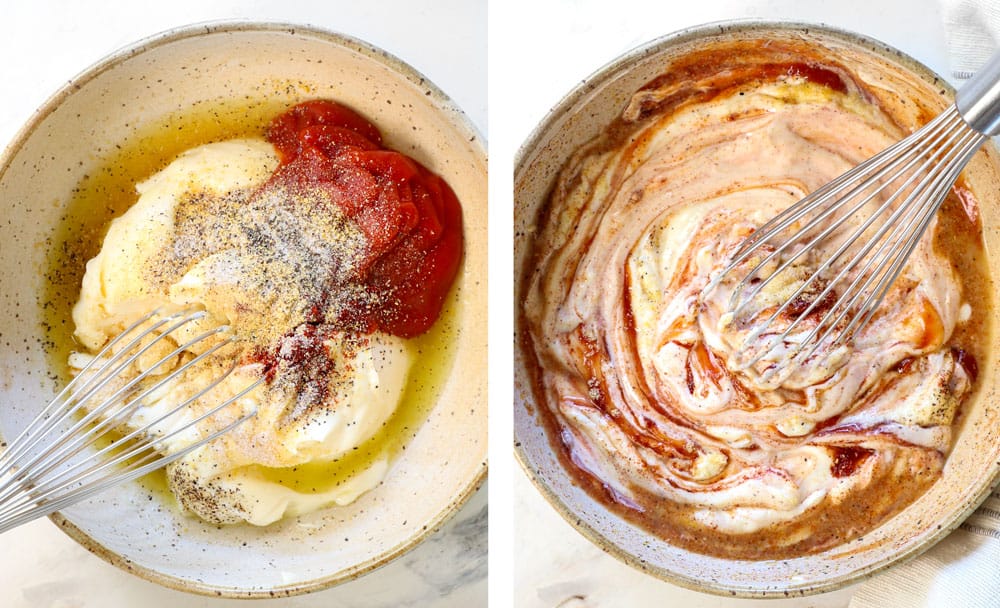 a collage showing how to make fry sauce by adding the mayonnaise, ketchup, pickle juice, paprika, onion powder, garlic powder, ground mustard, salt, pepper, and cayenne to a bowl and whisking to combine