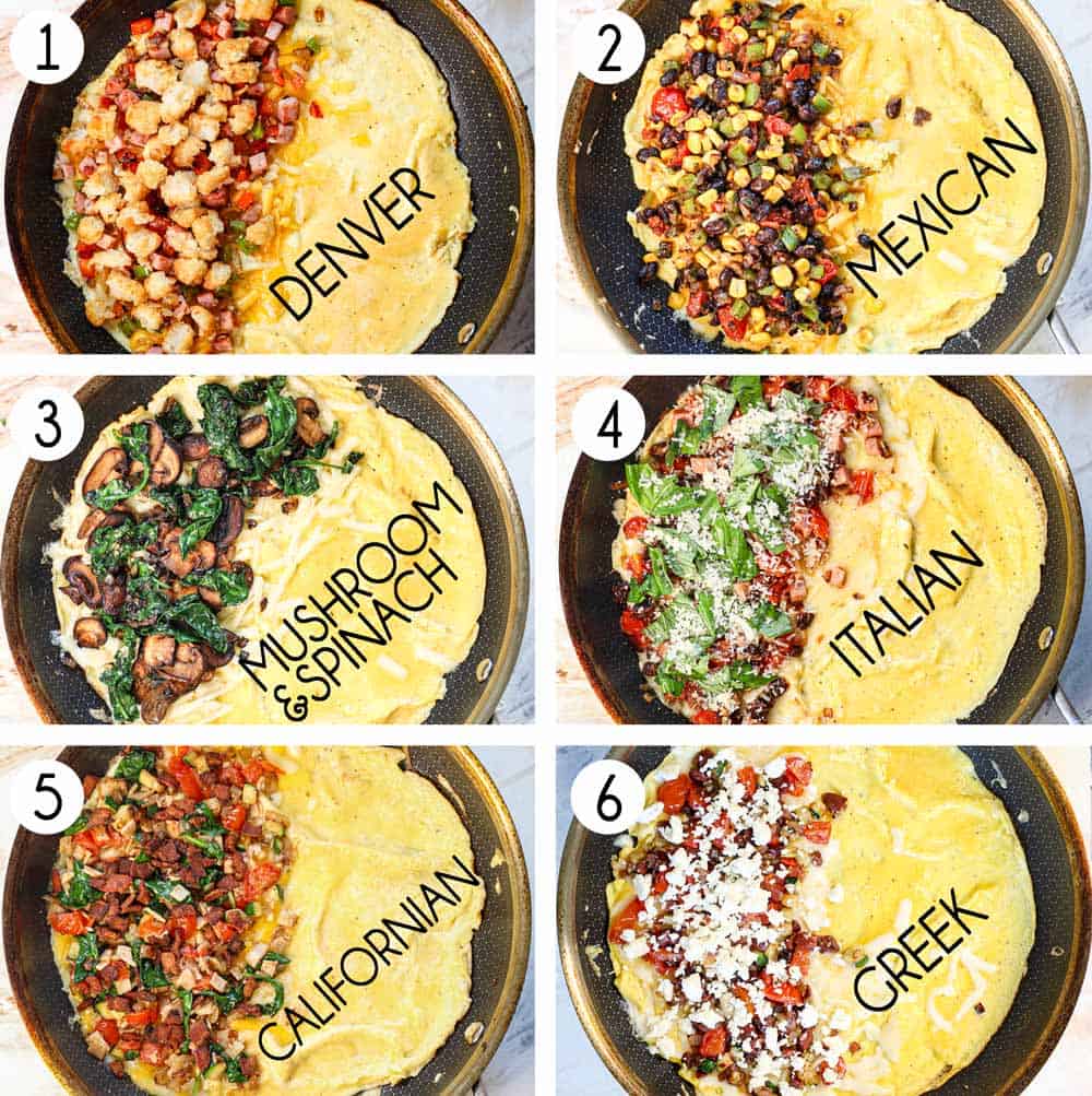 a collage showing how to make an omelette by adding filling ingredients with pictures of 6 variations: Denver omelette, Mexican omelette, Spinach omelette, Italian omelette, California omelette, Greek omelette