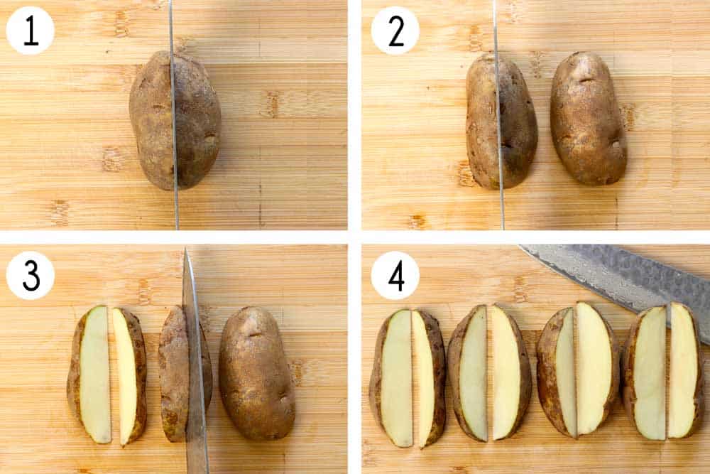 a collage showing how to cut potato wedges: 1. cut in half lengthwise, 2. cut each half in half, 3. cut each half in half again, 4. showing 8 potato wedges per potato