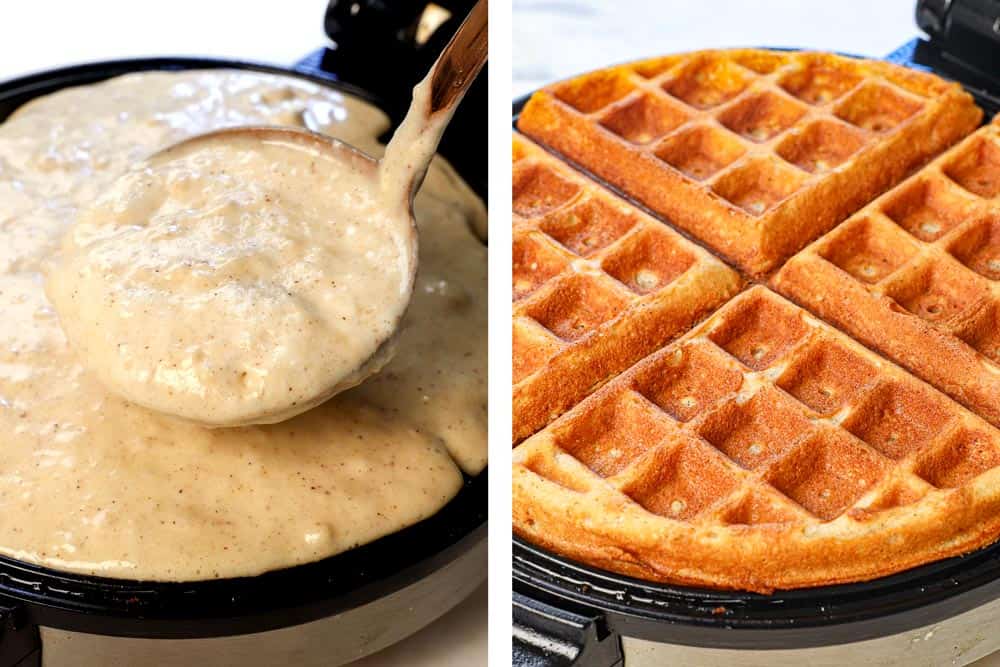 a collage showing how to make Belgian waffle recipe by spooning the batter into a preheated waffle iron, then cooking until golden and crispy