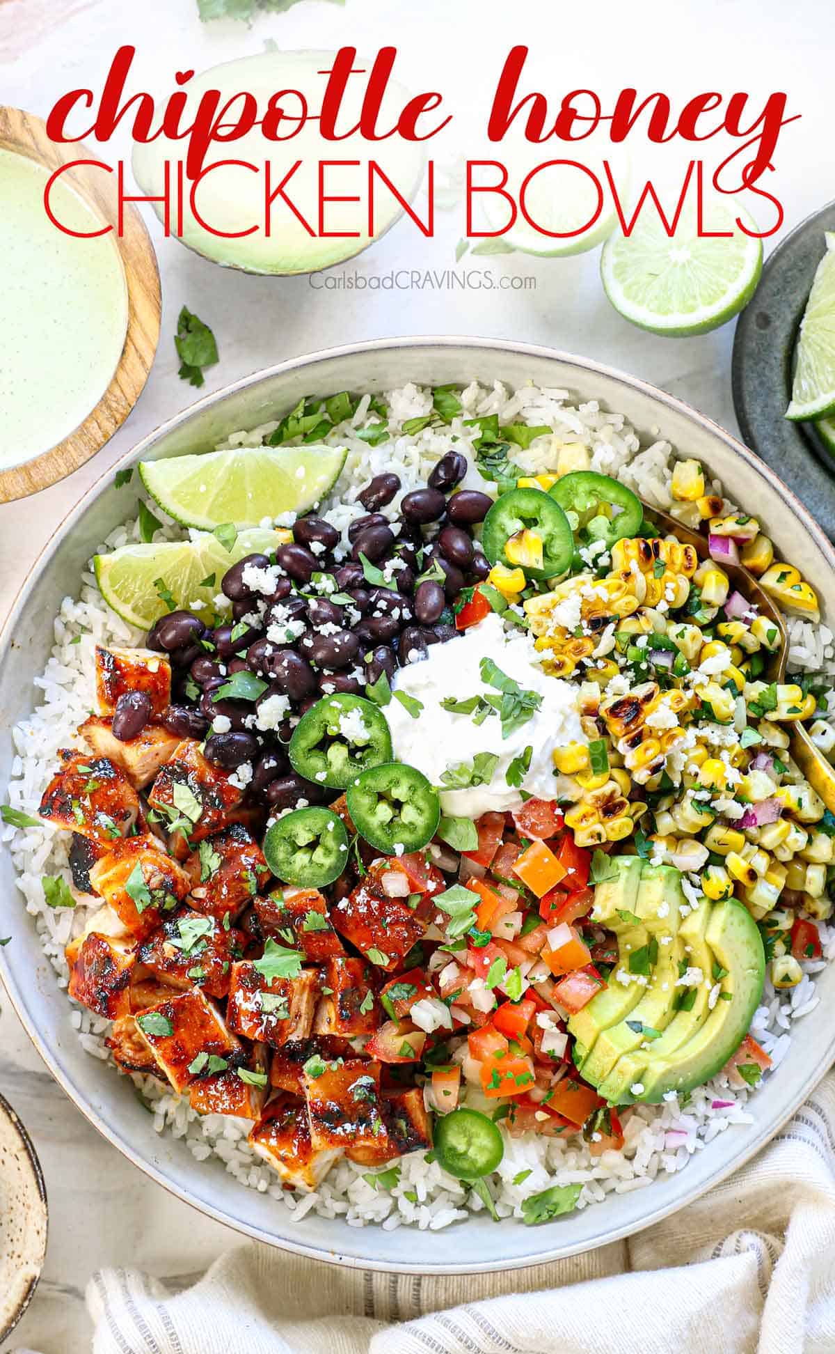 showing how to make chipotle honey chicken by adding the chicken to rice with beans, corn, pico e gallo, avocados, and cilantro