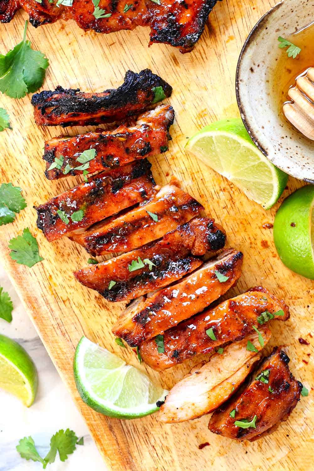 showing how to make chipotle honey chicken by cooking, then slicing into strips