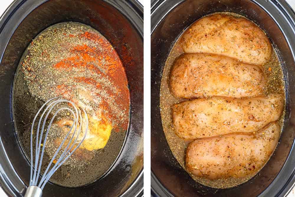 showing how to make slow cooker chicken by whisking the sauce ingredients together in the crockpot, then adding the chicken breasts and spooning the sauce over the top