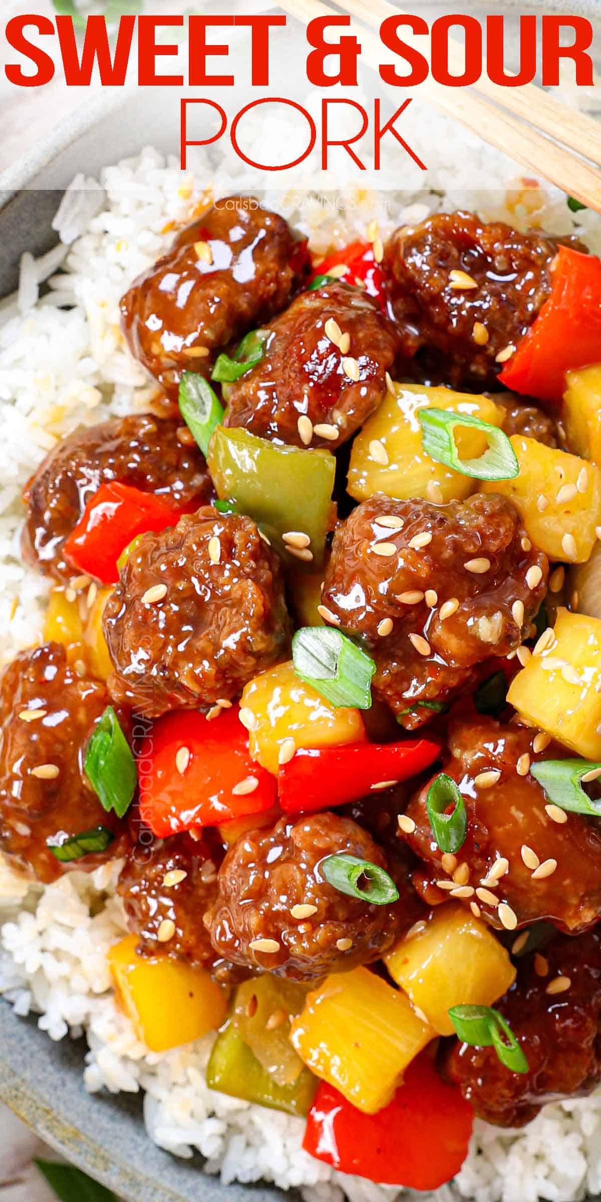 Top view of sweet and sour pork being served with rice