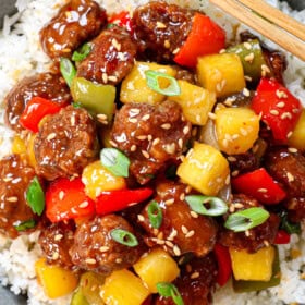 Top view of sweet and sour pork being served with rice