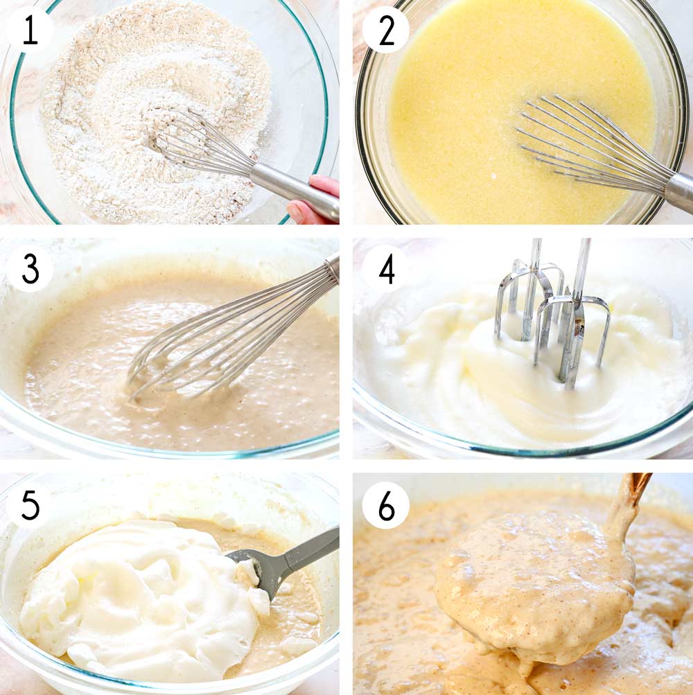 a 6 picture collage showing how to make Belgian Waffles by: 1. whisking the dry ingredients together, 2. whisking the eggs, buttermilk, oil, melted butter, and vanilla together, 3. whisking the Dry Ingredients and the Wet Ingredients together, 4. beating the egg whites to stiff peaks, 5. folding the egg whites into the batter, 6. letting the batter rest