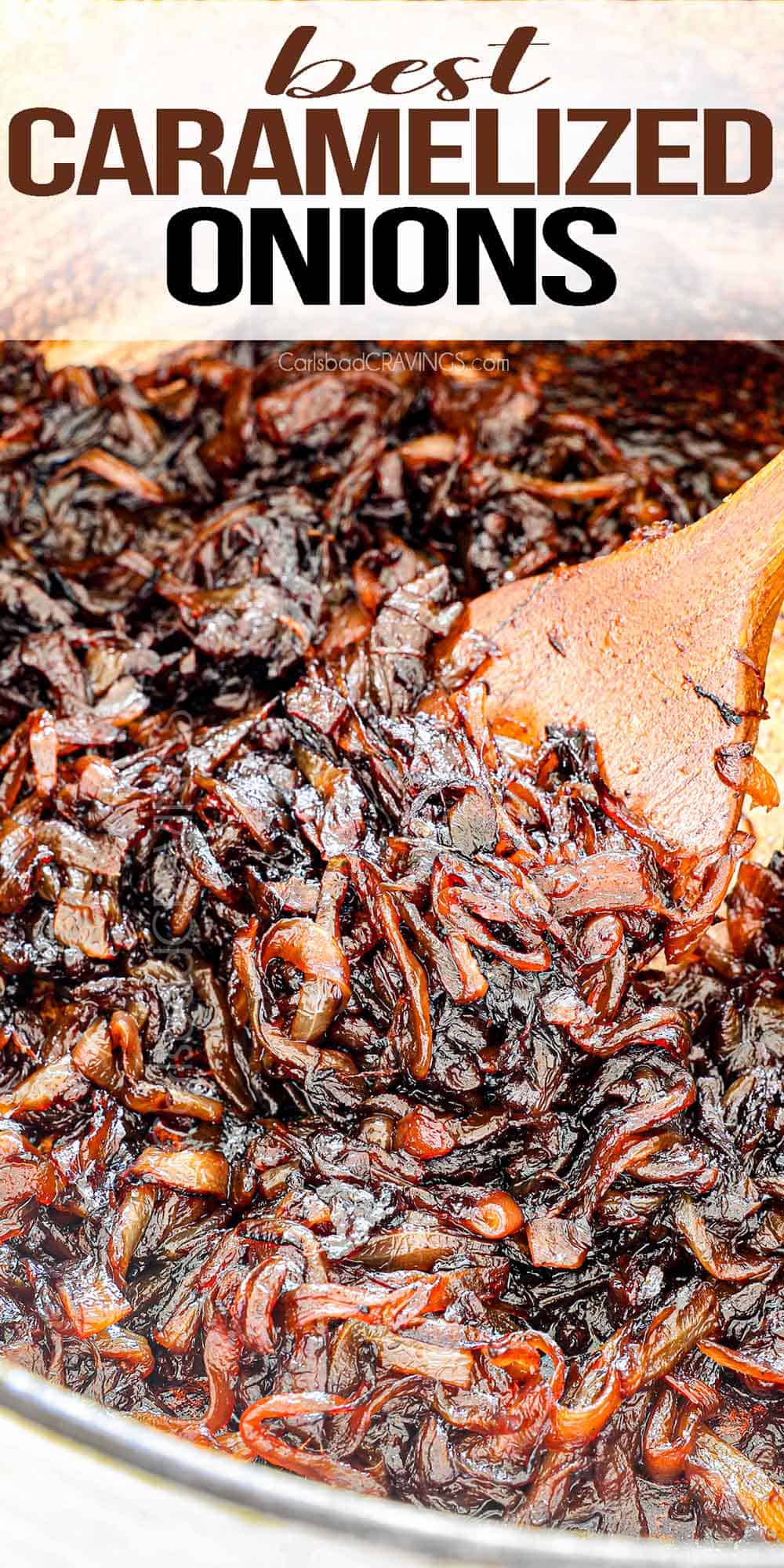 up close of caramelized onions showing how deeply caramelized and dark, and jammy they are