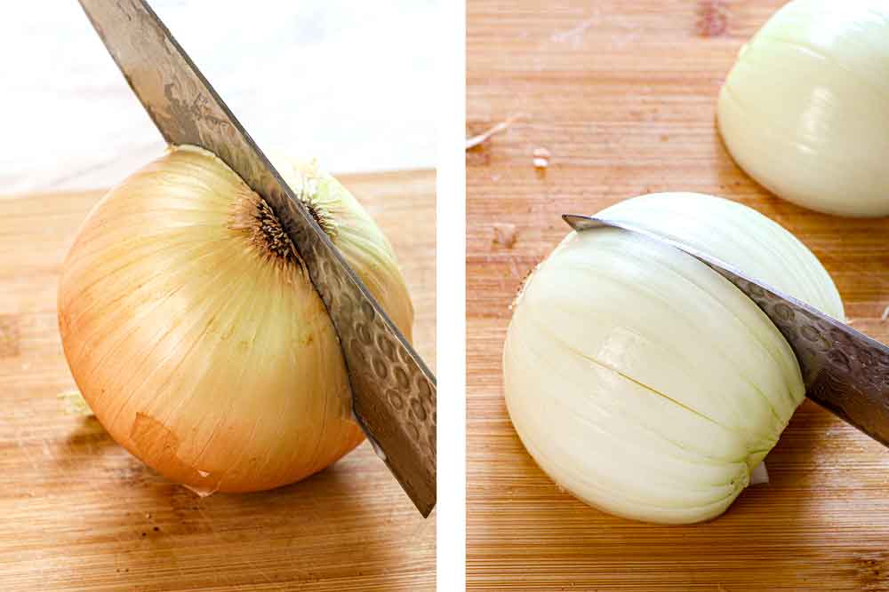 showing how to caramelize onions by slicing the onions in half, peeling, then slicing into 1/4-inch strips