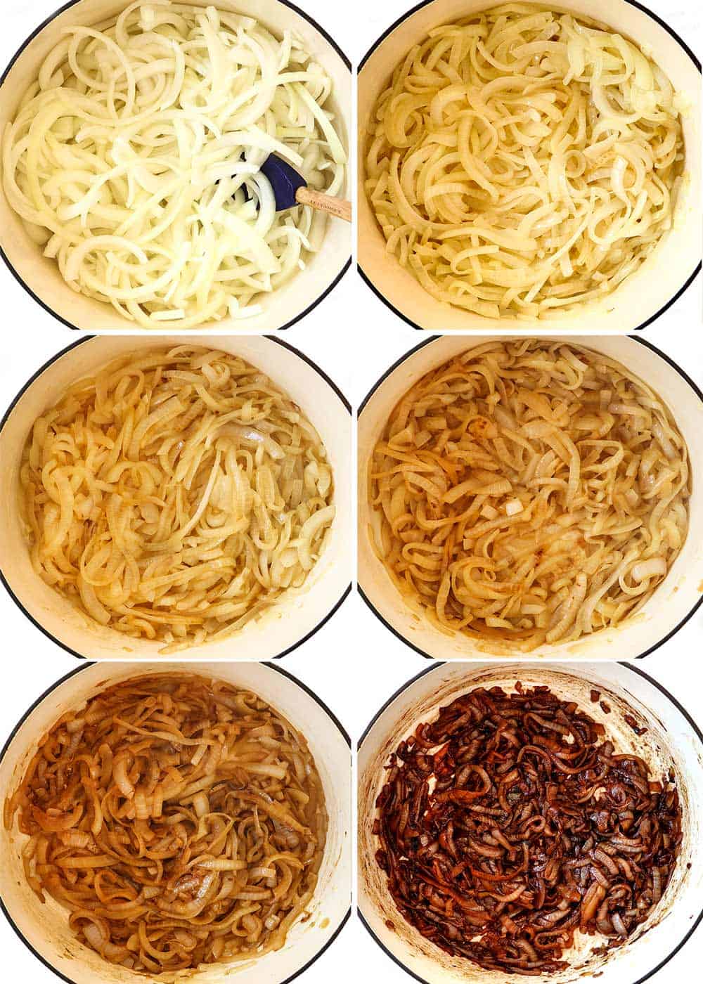 showing how to make caramelized onions with a collage showing 6 different stages of caramelization