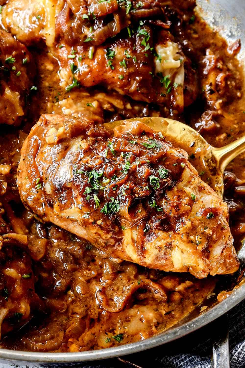 showing how to serve caramelized onions recipe with French onion chicken