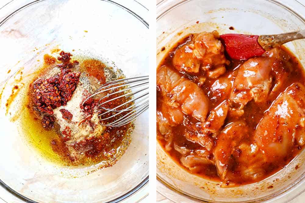 a collage showing how to make chipotle honey chicken by whisking the minced chipotle peppers, honey, lime, juice and spices together