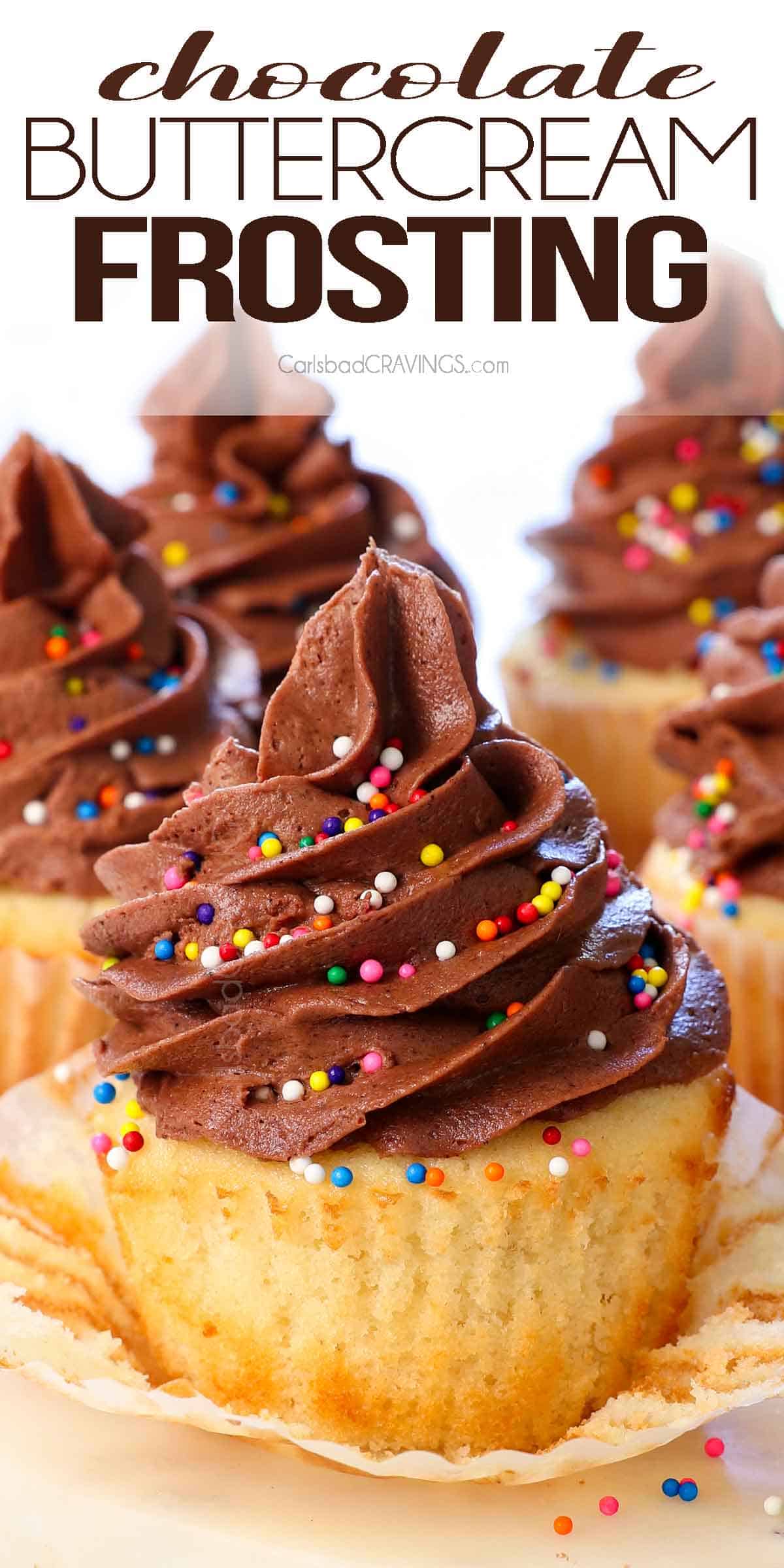 up close of chocolate buttercream frosting on a cupcake showing how thick and pipeable it is