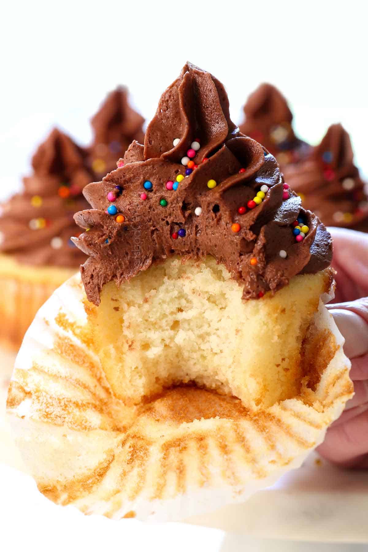 showing how to serve chocolate chocolate frosting on a cupcake