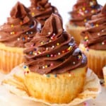 up close of chocolate buttercream frosting on a cupcake showing how thick and pipable it is