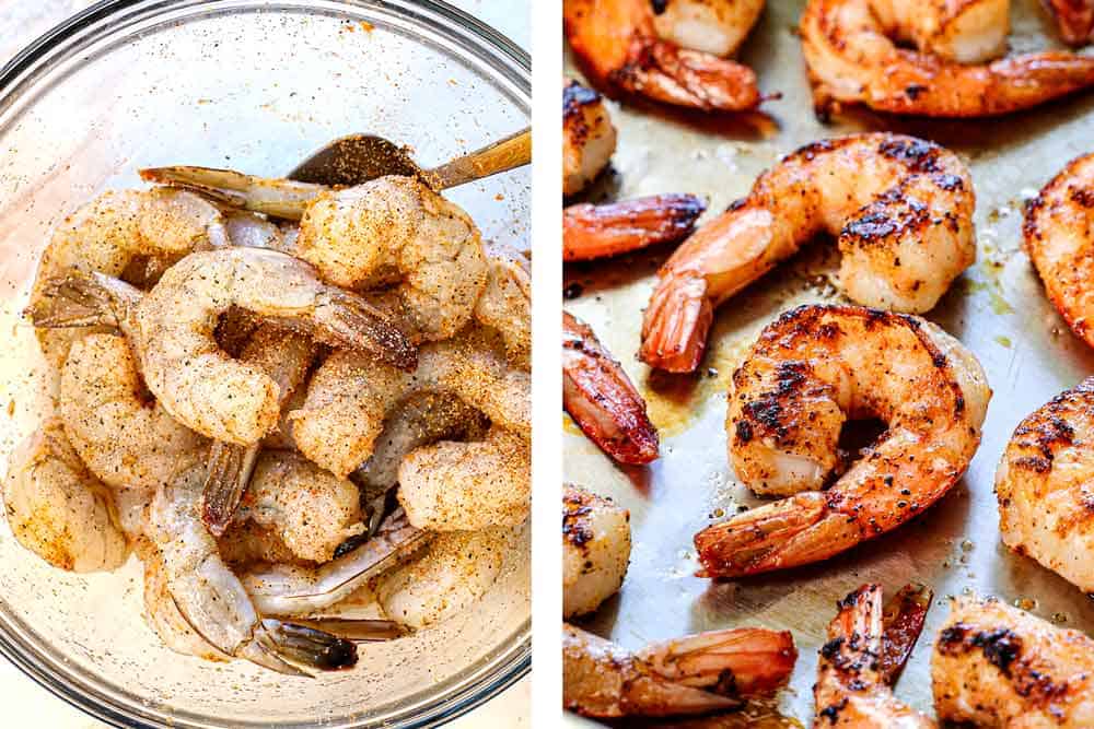 showing how to make shrimp alfredo by seasoning the shrimp then searing in a skillet until opaque