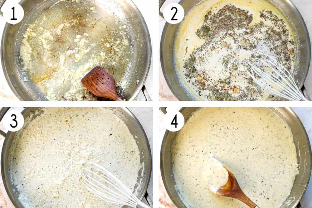 a collage showing how to make shrimp alfredo by sautéing the garlic in butter in a large skillet