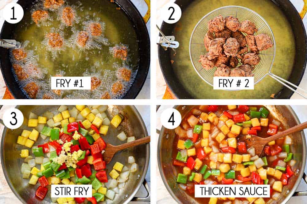 a collage showing how to make sweet and sour pork by 1. frying in oil, 2. frying for a second time in oil, 3. stir frying the pineapple, onions, bell peppers, garlic, and ginger, 4. adding the sauce and simmering to thicken