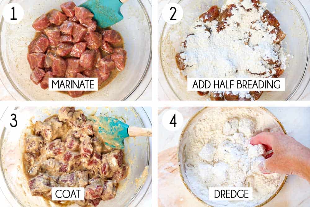 a collage showing how to make sweet and sour pork by 1. marinating the pork, adding flour/cornstarch breading to pork, 3. stirring to coat in breading, 4. dreding the pieces in the breading