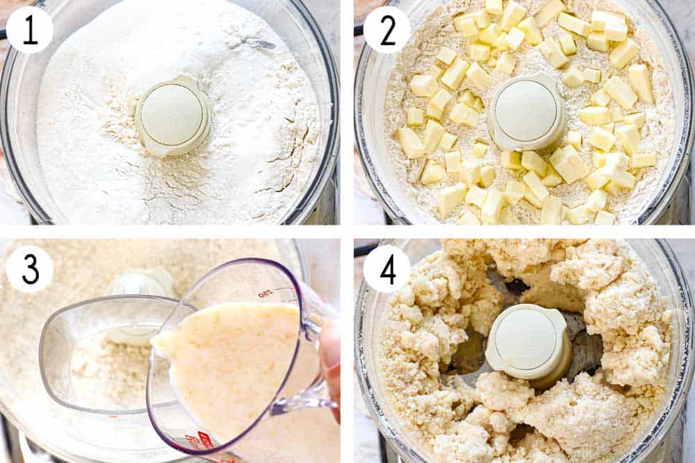 a collage showing how to make blueberry cobbler by making the biscuit topping in the food processor by 1: combining the dry ingredients, 2. adding the cubed butter, 3. adding the buttermilk, 4. pulsing until moistened to create a dough