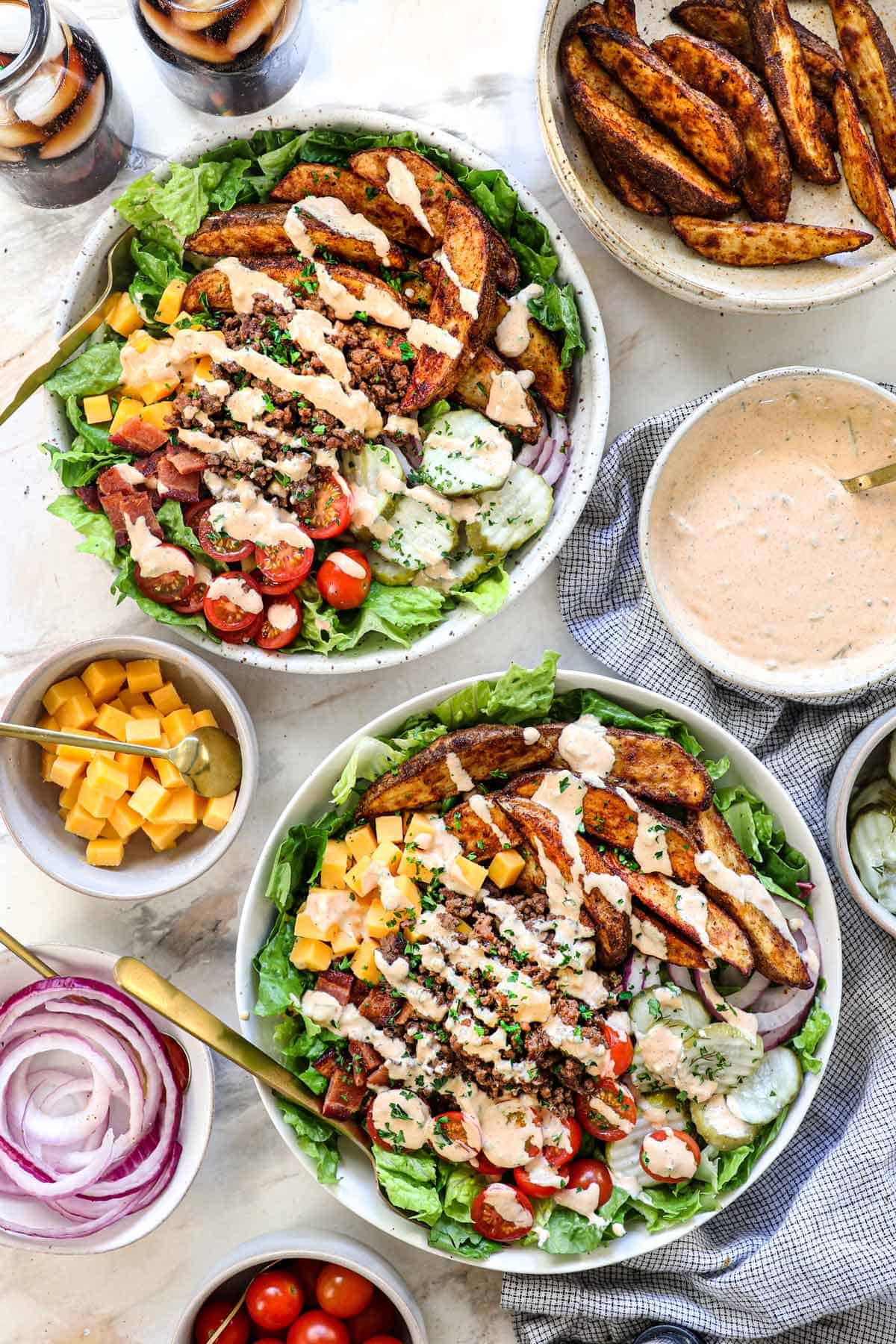top view of burger bowls with burger sauce
