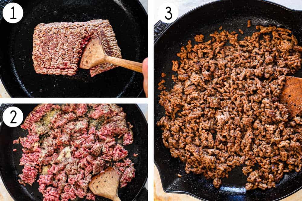 showing how to make burger bowls by browning the beef in a skillet