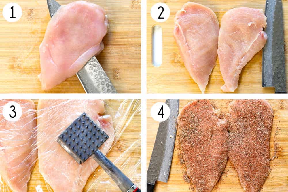 a collage showing how to make chicken sandwiches by slicing chicken breasts in half to create fillets, pounding the fillets thin, then coating in blackening seasoning