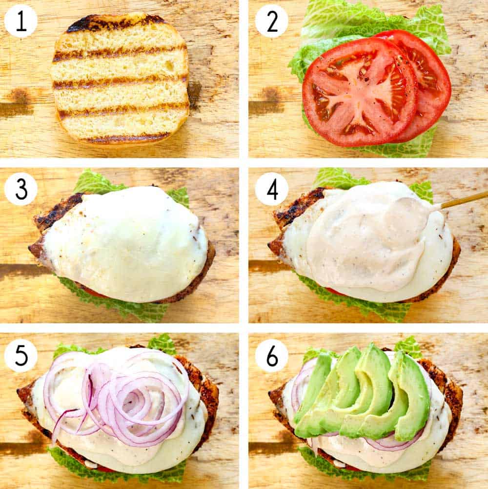 a collage showing how to make chicken sandwiches by assembling in this order: 1. toasted bun, 2. lettuce and tomato, 3. chicken breast with provolone cheese on top, 4. Caesar dressing, 5. red onions, 6. avocado slices