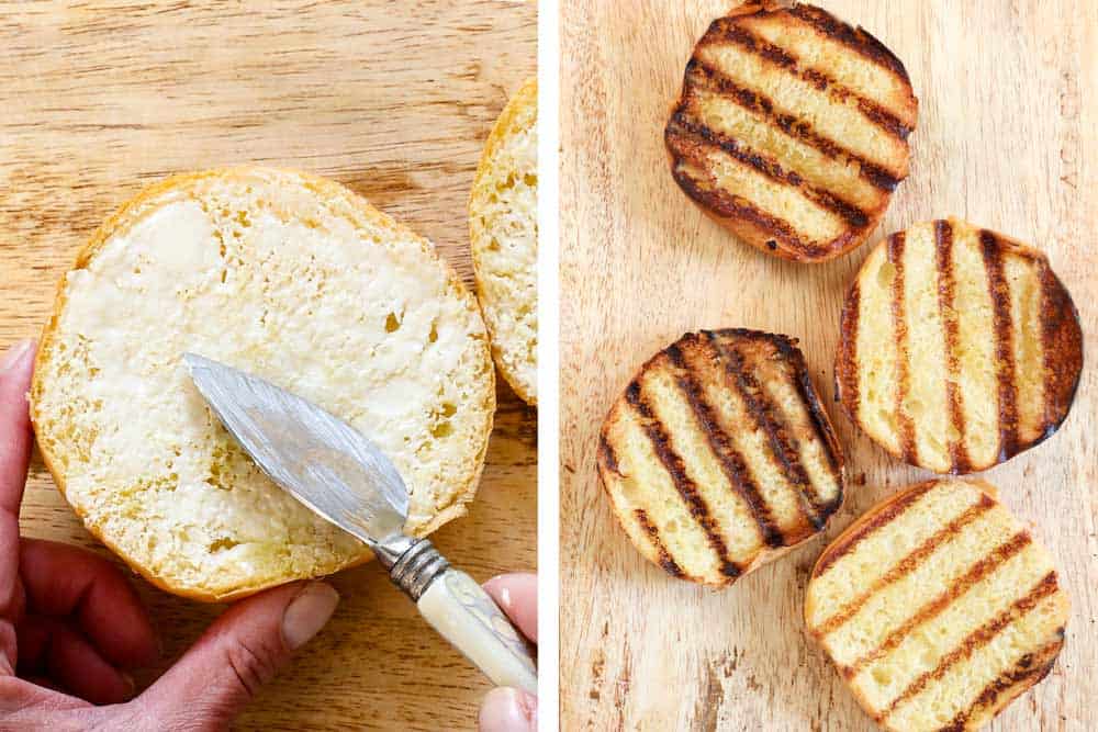 showing how to make chicken sandwiches by brushing the buns with butter, then grilling