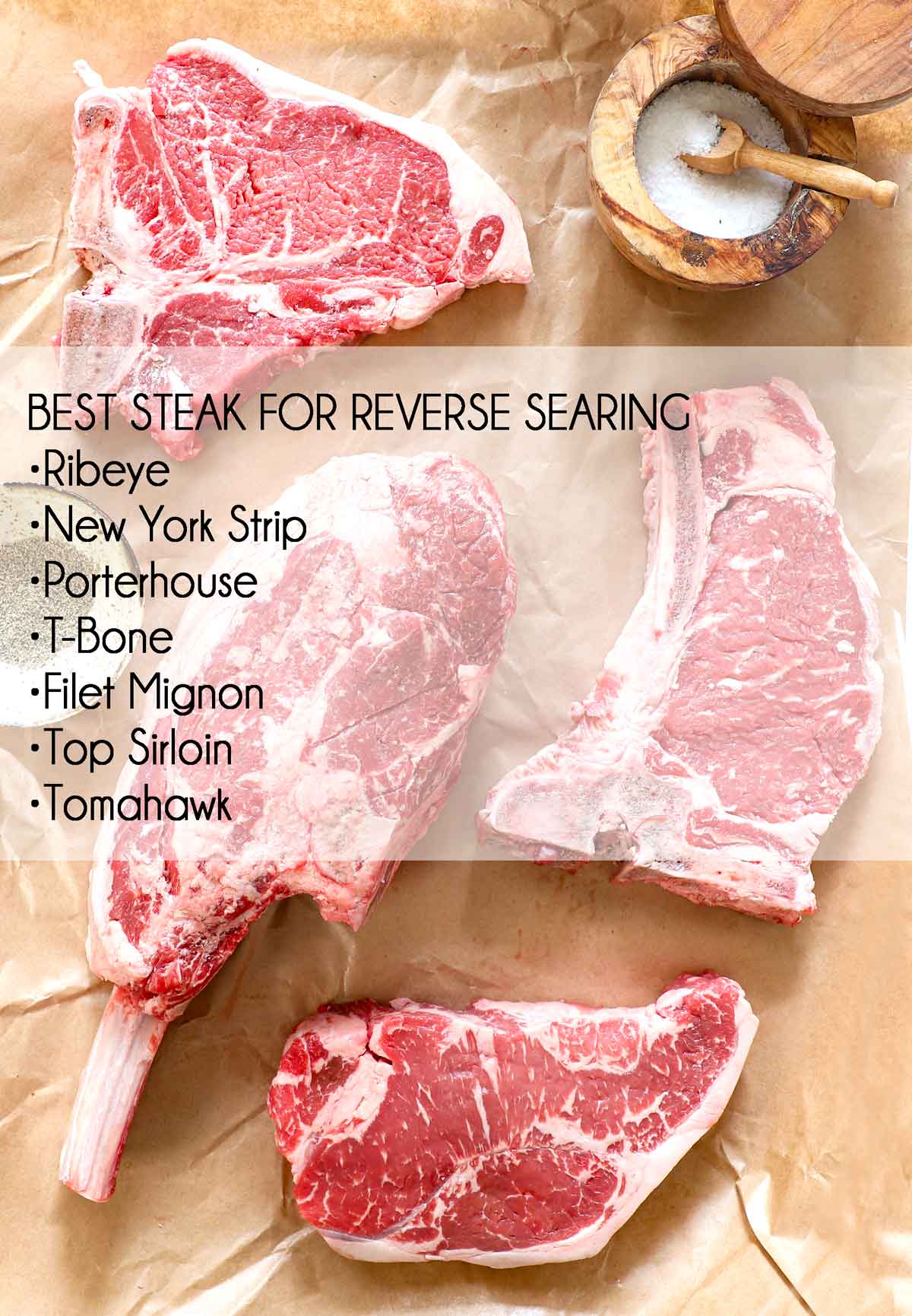top view of a chart naming and pic showing the best steaks to reverse sear: •Ribeye
•New York Strip
•Porterhouse
•T-Bone
•Filet Mignon
•Top Sirloin
•Tomahawk Steak