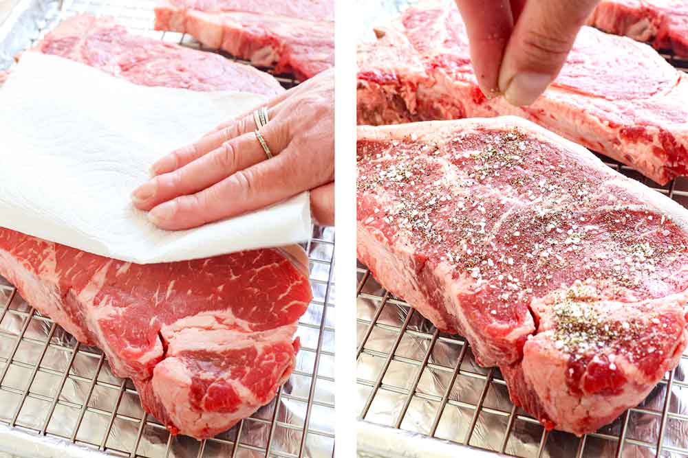 a collage showing how to reverse sear steak by patting the steak dry, then seasoning with kosher salt and freshly cracked pepper