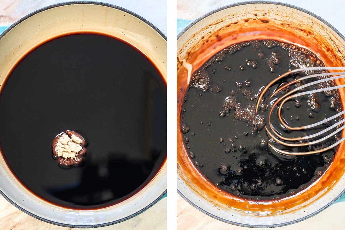a collage showing how to make balsamic glaze (balsamic reduction) by adding the brown sugar and balsamic vinegar to a saucepan, then simmering until reduced by half and thickened