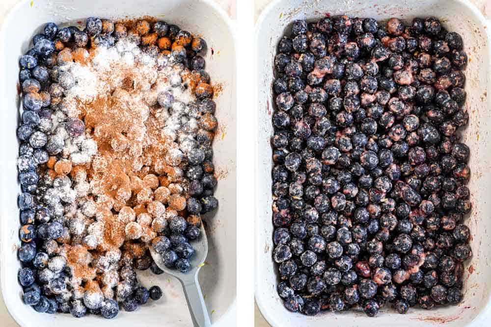 showing how to make blueberry cobbler by adding the lemon juice, lemon zest, cornstarch, ground cinnamon and sugar to blueberries and stirring to combine